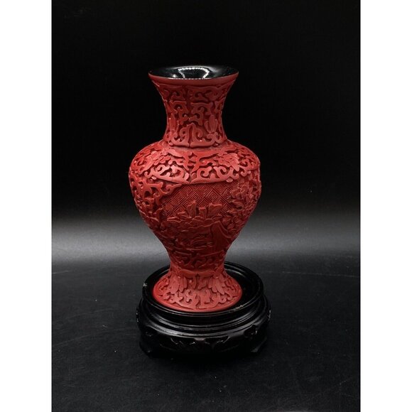 Red Cinnabar Carved Floral Decor 5 3/4' Vase on Wood Base - Picture 8 of 11